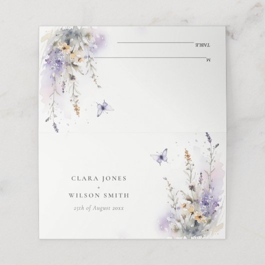 ソフト薄紫山花蝶結婚のウェブサイト プレイスカード (外部開封)
