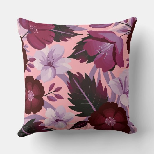 ソフト赤面の背景にバーガンディとピンクのフローラ クッション (裏面)