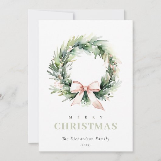ソフト赤面グリーンクリスマスリース水彩 シーズンカード (正面)