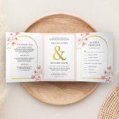 ソフト赤面ピンクさくらんぼブロッサムフローラ結婚アーチ 三つ折り招待状