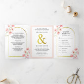 ソフト赤面ピンクさくらんぼブロッサムフローラ結婚アーチ 三つ折り招待状 (内部)