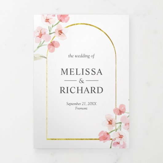ソフト赤面ピンクさくらんぼブロッサムフローラ結婚アーチ 三つ折り招待状 (カバー)