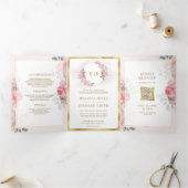 ソフト赤面ピンクのフローラ金ゴールド結婚すべて 三つ折り招待状 (内部)