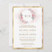 ソフト赤面ピンクのフローラ金ゴールド結婚すべて 招待状 (正面)