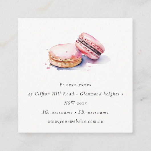 ソフト赤面ピンクウォーターカラーフランスのマカロンベーカリー スクエア名刺 (裏面)