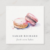 ソフト赤面ピンクウォーターカラーフランスのマカロンベーカリー スクエア名刺 (正面)