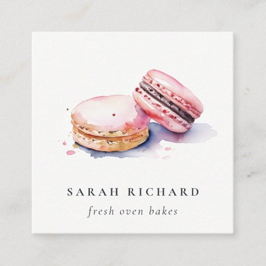 ソフト赤面ピンクウォーターカラーフランスのマカロンベーカリー スクエア名刺 (正面)