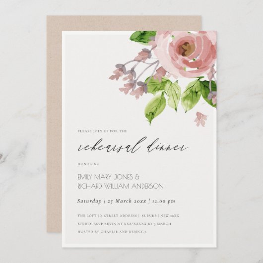 ソフト赤面ピンクウォーターカラーフローラリハーサルディナー 招待状 (正面/裏面)