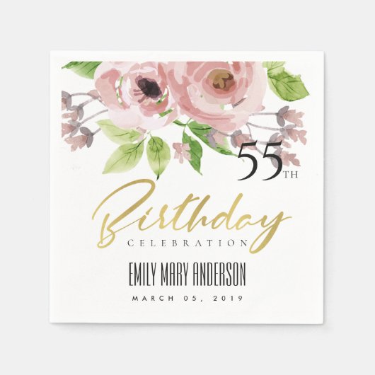 ソフト赤面ピンクウォーターカラーフローラ任意の年齢誕生日 スタンダードカクテルナプキン (正面)