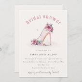 ソフト赤面ピンクハイヒールフローラブライダルシャワー 招待状 (正面/裏面)