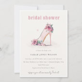 ソフト赤面ピンクハイヒールフローラブライダルシャワー 招待状 (正面)