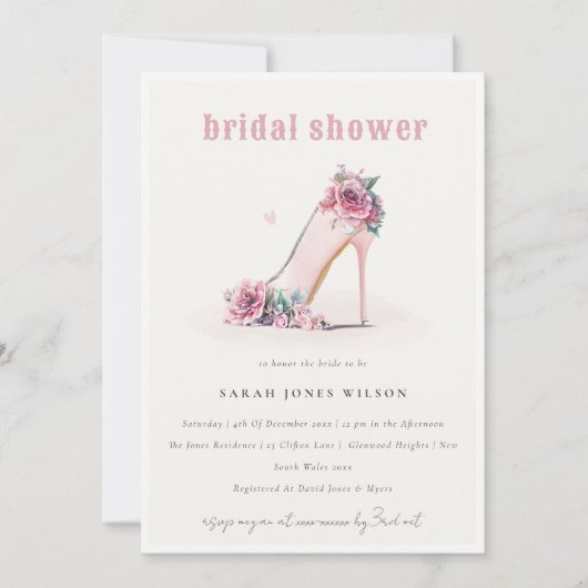 ソフト赤面ピンクハイヒールフローラブライダルシャワー 招待状 (正面)