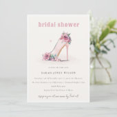 ソフト赤面ピンクハイヒールフローラブライダルシャワー 招待状 (スタンド正面)