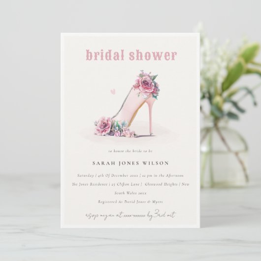 ソフト赤面ピンクハイヒールフローラブライダルシャワー 招待状 (スタンド正面)