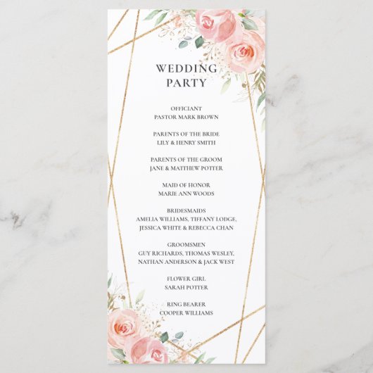 ソフト赤面ピンクフローラ幾何学的結婚式 プログラム (裏面)