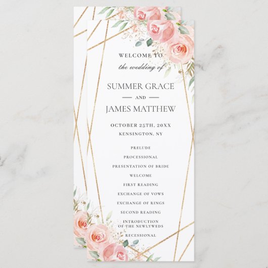 ソフト赤面ピンクフローラ幾何学的結婚式 プログラム (正面/裏面)