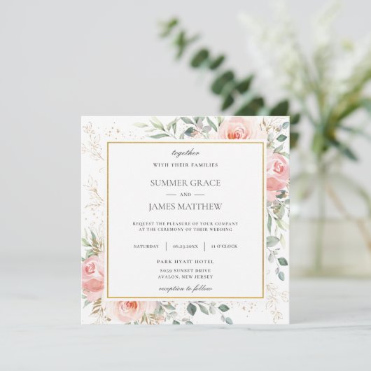 ソフト赤面ピンクフローラ結婚グリーナリーズスクエア 招待状 (スタンド正面)