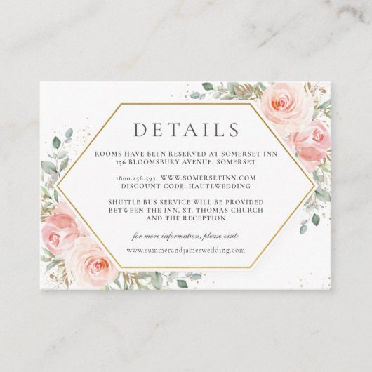 ソフト赤面ピンクフローラ結婚金ゴールド詳細 エンクロージャーカード (正面)