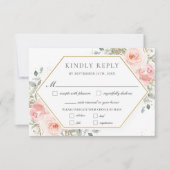 ソフト赤面ピンクフローラ金ゴールド結婚グリーンリーの食事 出欠カード (正面)