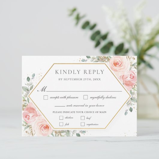 ソフト赤面ピンクフローラ金ゴールド結婚グリーンリーの食事 出欠カード (スタンド正面)