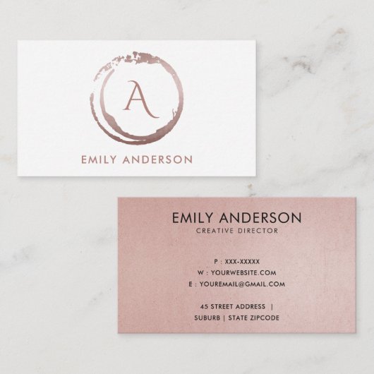 ソフト赤面ピンクブラシマーク円ロゴモノグラム 名刺 (正面/裏面)