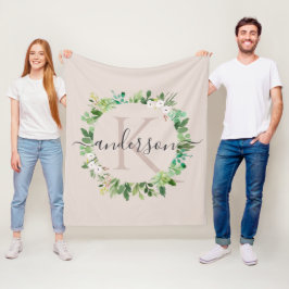 ソフト赤面ピンクリース茎葉水彩モノグラム フリースブランケット