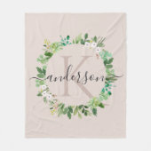 ソフト赤面ピンクリース茎葉水彩モノグラム フリースブランケット (正面)