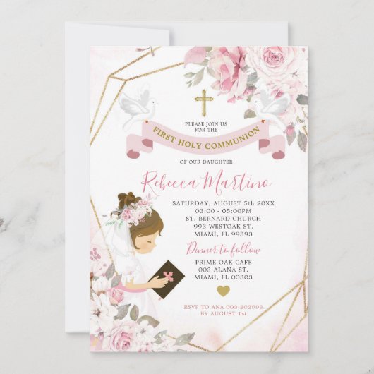 ソフト赤面ピンクローズガールファースト聖餐式 招待状 (正面)