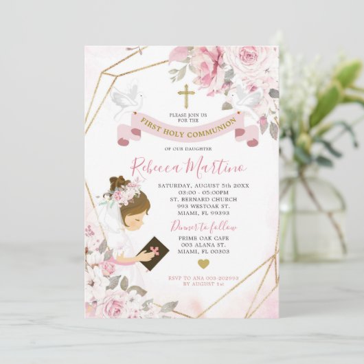 ソフト赤面ピンクローズガールファースト聖餐式 招待状 (スタンド正面)