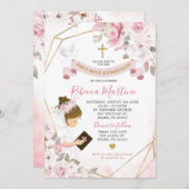 ソフト赤面ピンクローズガールファースト聖餐式 招待状 (正面/裏面)