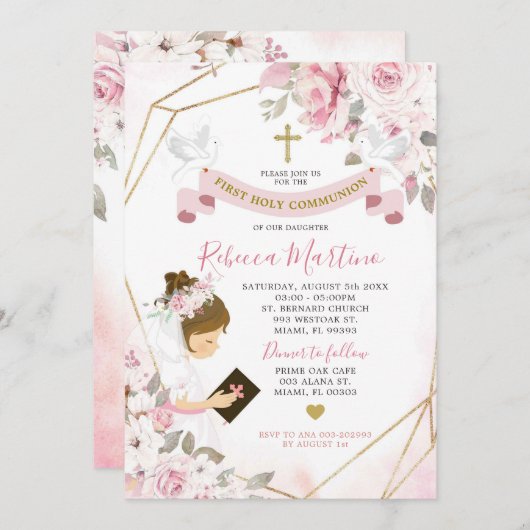 ソフト赤面ピンクローズガールファースト聖餐式 招待状 (正面/裏面)