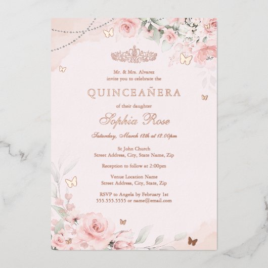 ソフト赤面ピンクローズバタフライキンセアニェラ15日 箔招待状 (正面)