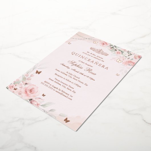 ソフト赤面ピンクローズバタフライキンセアニェラ15日 箔招待状 (回転した状態)