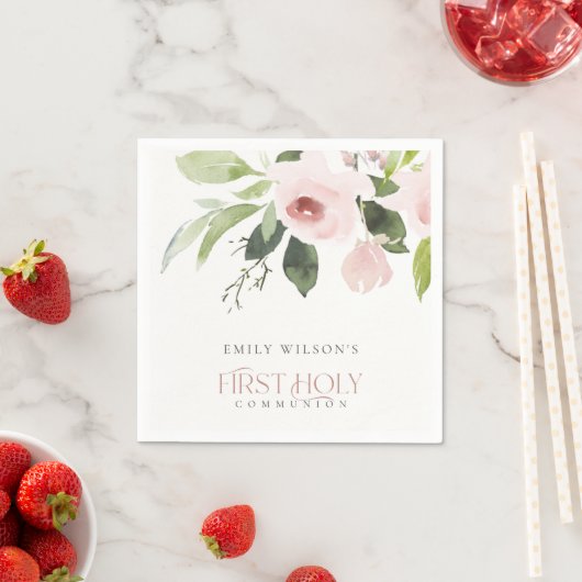 ソフト赤面ピンクローズフローラ初の聖餐式 スタンダードカクテルナプキン (インサイチュ)