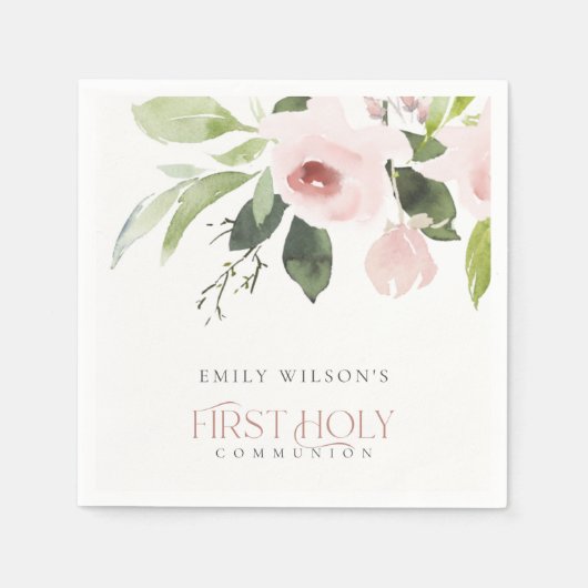 ソフト赤面ピンクローズフローラ初の聖餐式 スタンダードカクテルナプキン (正面)