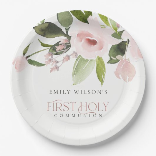 ソフト赤面ピンクローズフローラ初の聖餐式 ペーパープレート (正面)