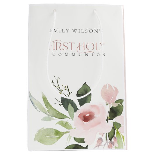 ソフト赤面ピンクローズフローラ初の聖餐式 ミディアムペーパーバッグ (正面)