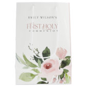 ソフト赤面ピンクローズフローラ初の聖餐式 ミディアムペーパーバッグ (裏面)