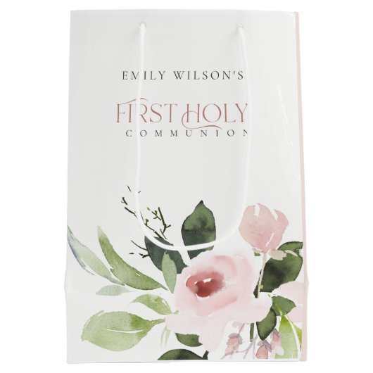 ソフト赤面ピンクローズフローラ初の聖餐式 ミディアムペーパーバッグ (裏面)