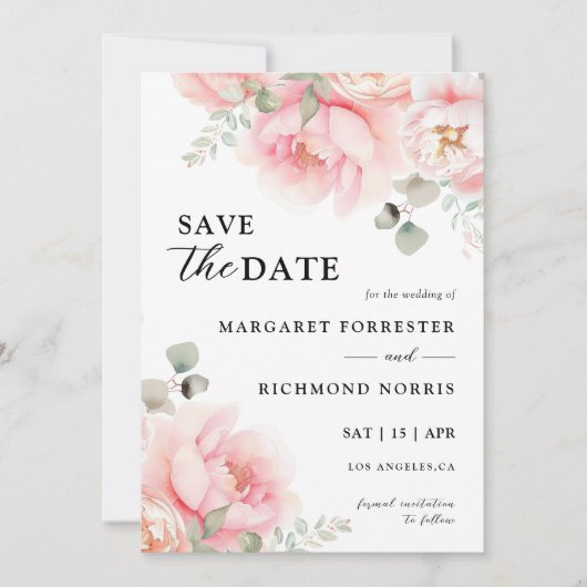 ソフト赤面ピンクローズフローラ結婚式の日付を保存 招待状 (正面)