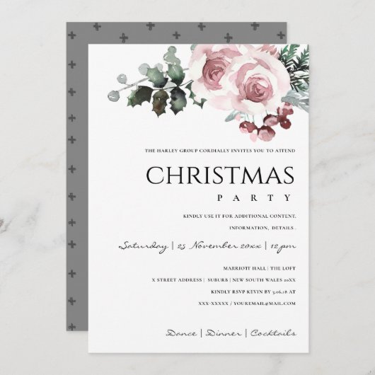 ソフト赤面ピンクローズホリーベリークリスマスパーティー シーズンカード (正面/裏面)