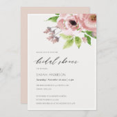ソフト赤面ピンク水彩フローラブライダルシャワー 招待状 (正面/裏面)