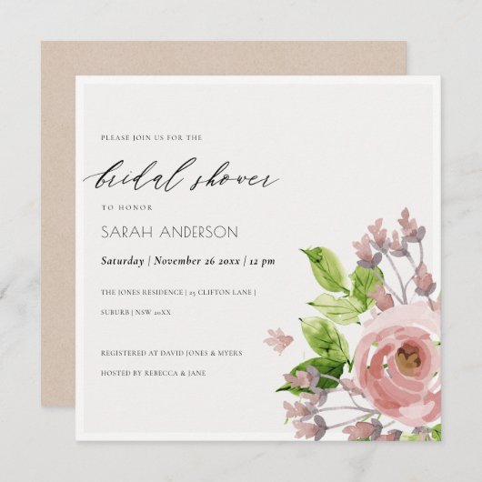 ソフト赤面ピンク水彩フローラブライダルシャワー 招待状 (正面/裏面)