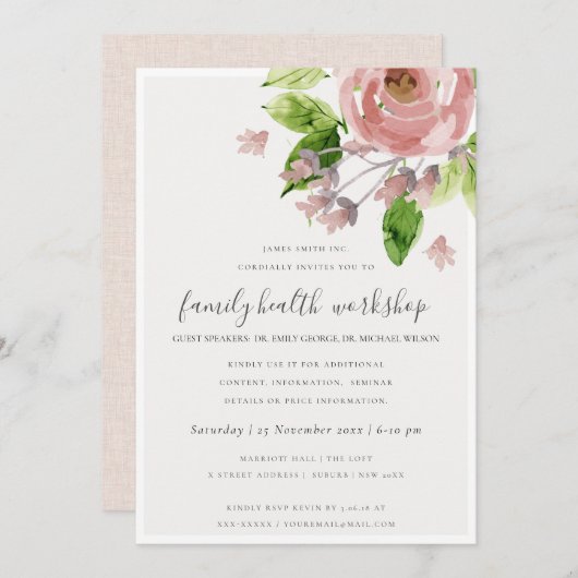 ソフト赤面ピンク水色フローラワークショップイベント 招待状 (正面/裏面)