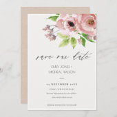 ソフト赤面ピンク水色フローラ保存日 セーブザデート (正面/裏面)