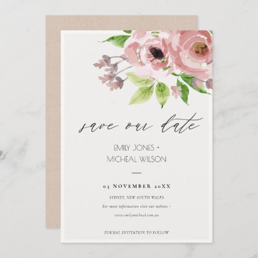 ソフト赤面ピンク水色フローラ保存日 セーブザデート (正面/裏面)