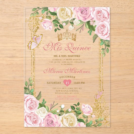 ソフト赤面ピンク誕生日金ゴールドクラウンミカンス アクリル招待状 (正面)