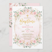 ソフト赤面ピンク金ゴールドフローラガールバプテスマフランスのス 招待状 (正面/裏面)