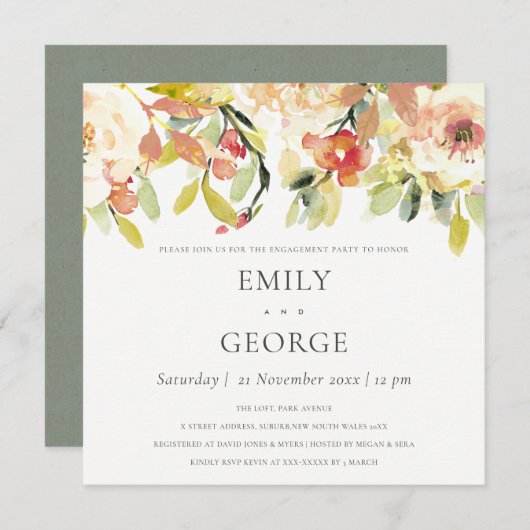 ソフト赤面ピーチピンク水彩フローラ婚約 招待状 (正面/裏面)