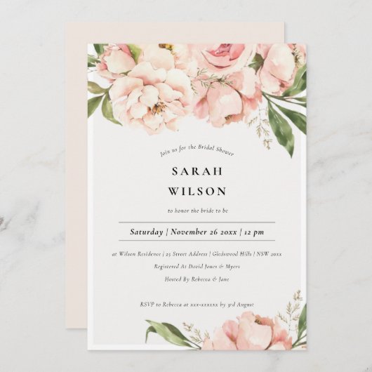 ソフト赤面ピーチピーニーフローラブライダルシャワー招待状 サンキューカード (正面/裏面)